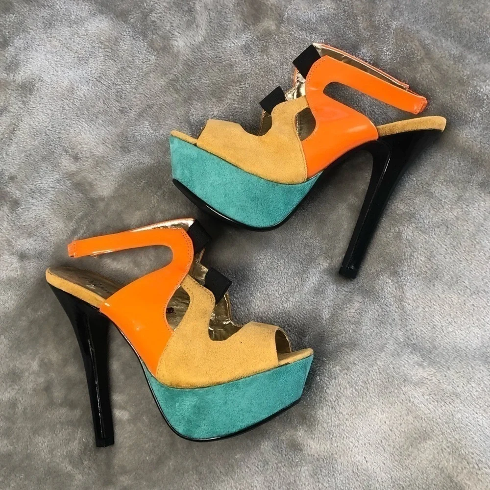 Paprika color block ankle sling back heel ankle heels orange tan+ mint green 5.5